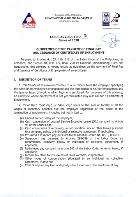 final pay dole|Labor Advisory On The Period For Payment And/Or Release Of .